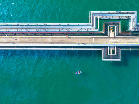 Oil Pipeline In The Sea.Aerial View And Top View.