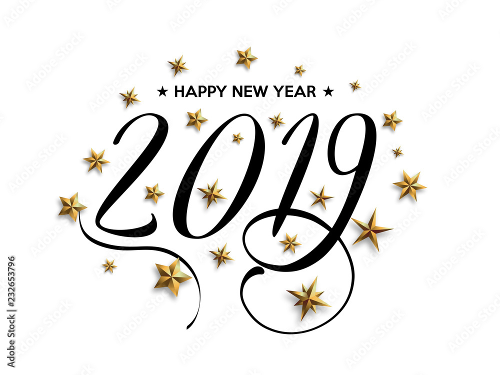 Sticker happy new year 2019 inscription decorated with gold stars. vector illustration.