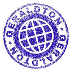 GERALDTON stamp print with distress texture. Blue vector rubber seal print of GERALDTON caption with corroded texture. Seal has words placed by circle and globe symbol.