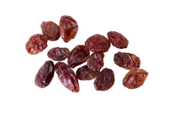 Dried raisins on white. Fruit food background. Top view
