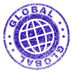 GLOBAL stamp print with distress texture. Blue vector rubber seal print of GLOBAL text with corroded texture. Seal has words arranged by circle and globe symbol.