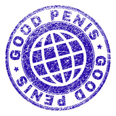 GOOD PENIS stamp imprint with grunge texture. Blue vector rubber seal print of GOOD PENIS tag with grunge texture. Seal has words arranged by circle and planet symbol.