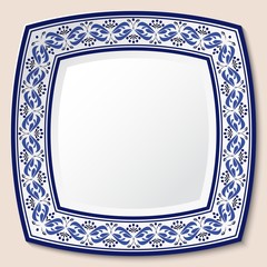 Ornamental square dish with a blue floral frame in the style of national porcelain painting.