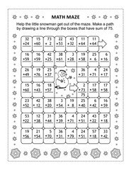 Math maze with addition facts: Help the little snowman get out of the maze. Make a path by drawing a line through the boxes that have sum of 75. Winter and holidays themed.