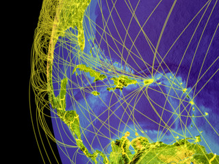 Caribbean from space on planet Earth with lines representing global communication, travel, connections.