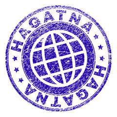 HAGATNA stamp print with grunge texture. Blue vector rubber seal print of HAGATNA tag with scratched texture. Seal has words placed by circle and globe symbol.