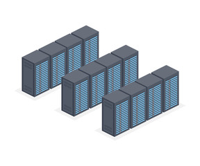 Isometric Server room and big data processing concept, datacenter and data base icon, digital information technology