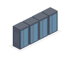 Data centre with server racks isometric 3D icon. Internet network equipment, cloud database sign
