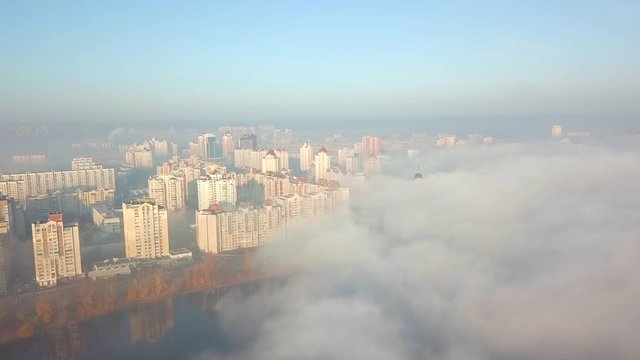 Aerial view of Obolon district in the fog, Kyiv, Ukraine