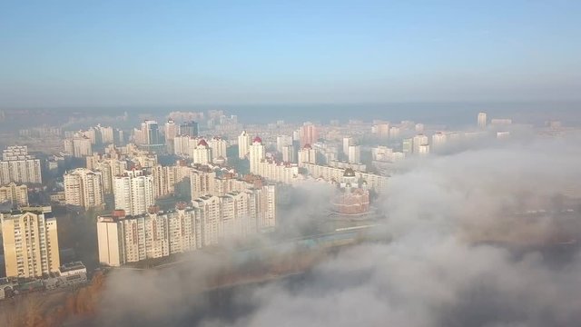 Aerial view of Obolon district in the fog, Kyiv, Ukraine