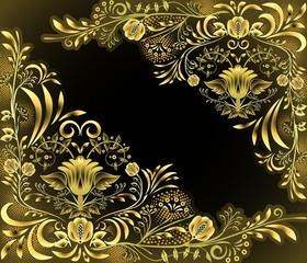 Gold with black floral pattern with empty space. Ornate decorated background with flowers and leaves. Design in the style of ethnic painting on porcelain