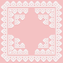 Square frame with lace pattern on edge and corner elements on pink background. Silhouette is suitable for laser cutting