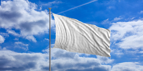 Blank white waving flag on blue sky. 3d illustration