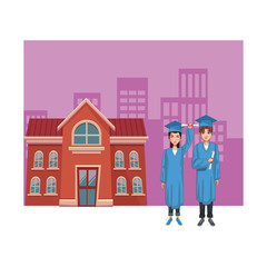 graduate young couple cartoon