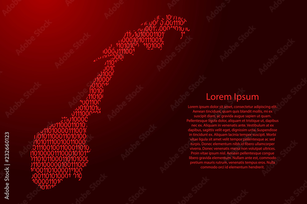 Fototapete norway map abstract schematic from red ones and zeros binary digital code with space stars for banne