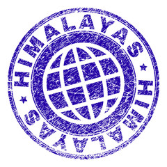 HIMALAYAS stamp print with grunge texture. Blue vector rubber seal imprint of HIMALAYAS text with grunge texture. Seal has words arranged by circle and planet symbol.