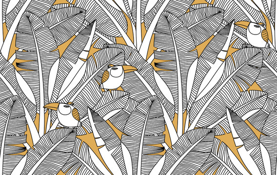 Jungle exotic palm leaves and birds seamless pattern. Banana leaf vector background. Adult zentangle colouring page illustration. Tropical bananas forest wallpapers.
