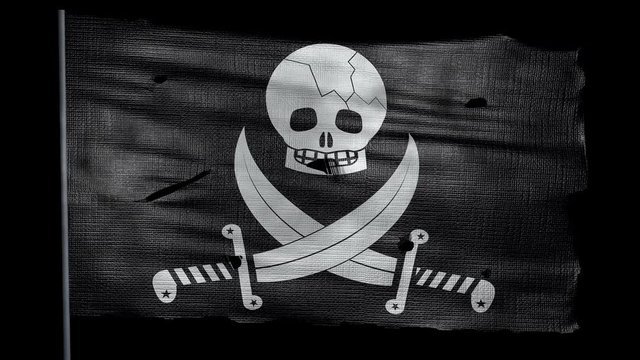 Ragged jolly roger flag is waving in the wind with alpha channel