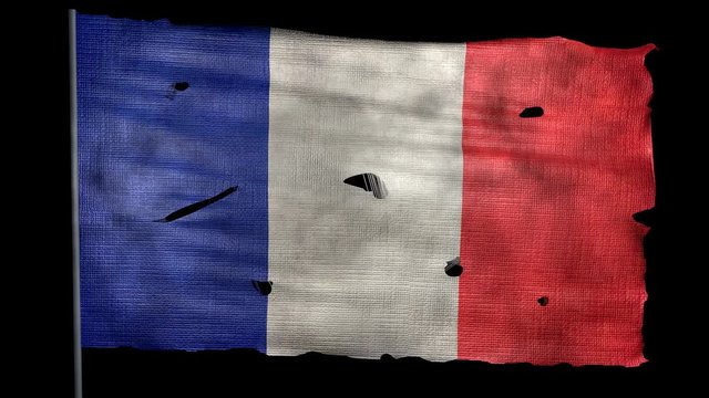 Ragged french flag is waving in the wind with alpha channel