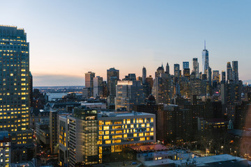 Sunset view of New York City skyline from above