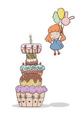 cute girl fly with balloon to blow her birthday candle on top of the cake pile
