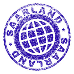 SAARLAND stamp print with distress texture. Blue vector rubber seal print of SAARLAND caption with corroded texture. Seal has words arranged by circle and globe symbol.