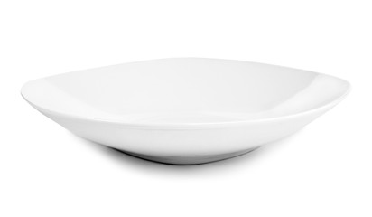 White plate or dish ware, modern porcelain plate. Isolated object on white background. elegant plate with copy space. 