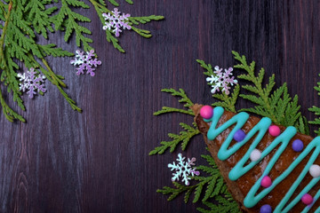 Fototapeta na wymiar Honey cake decorated with multicoloured icing as a Christmas tree against the dark background