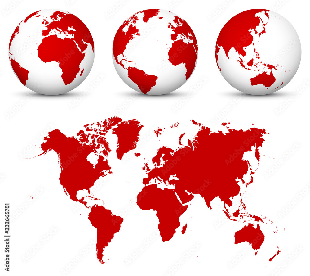 Wall mural ed 3d globe - world vector icon templates with flat undistorted 2d earth map in red color.