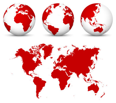 ed 3D Globe - World Vector Icon Templates with Flat Undistorted 2D Earth Map in Red Color.