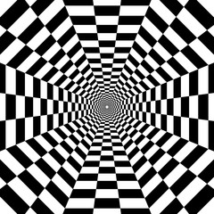 octagonal tunnel out into the distance, black and white geometric pattern, optical illusion, psychedelic