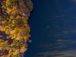 Aerial View of Fall Leaves and Colors around a Lake