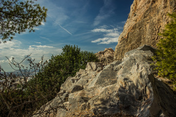 Fototapeta premium summer vivid mountain rock scenic landscape of dry stone and contrast blue sky