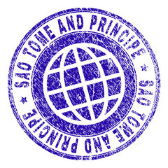 SAO TOME AND PRINCIPE stamp imprint with distress texture. Blue vector rubber seal imprint of SAO TOME AND PRINCIPE label with scratched texture. Seal has words arranged by circle and planet symbol.