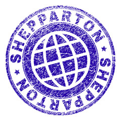 SHEPPARTON stamp imprint with distress texture. Blue vector rubber seal imprint of SHEPPARTON title with grunge texture. Seal has words arranged by circle and globe symbol.