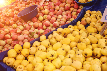 Naklejka na ściany i meble Turkish farmer market. Heap of fresh organic fruits on the counter quince, apples, pears