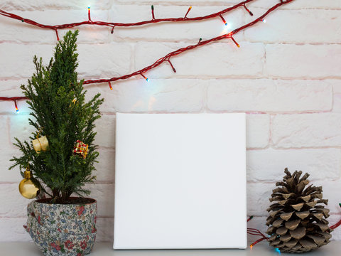 Blank canvas for text or photo. Mock up poster in interior, Christmas concept.