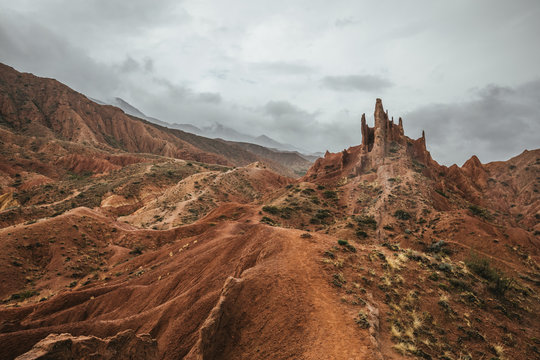 bizzare rocky mountain formations in skazka canyon, kyrgyzstan