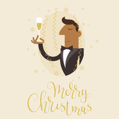 Man in black tuxedo suit celebrating Christmas with a glass of champain