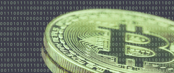 cryptocurrency golden coins - Bitcoin, Ethereum with dollar background. Virtual money concept	