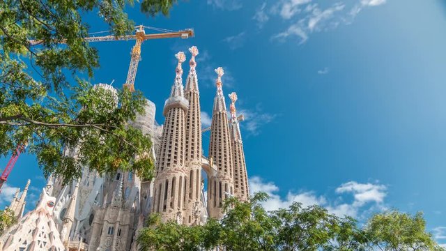 Sagrada Familia, a large Roman Catholic church in Barcelona, Spain timelapse