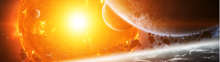 Naklejka premium Wybuchające słońce w przestrzeni blisko planety Elementy renderowania 3D tego obrazu dostarczone przez NASA