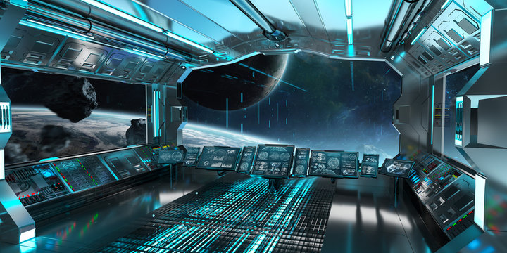 Blue spaceship interior control panel station 3D rendering
