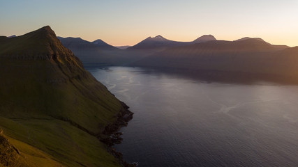 Aerial view of a sunset near the shores of Faroe Islands