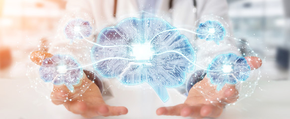Doctor creating artificial intelligence interface 3D rendering