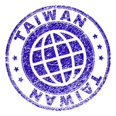 TAIWAN stamp print with grunge texture. Blue vector rubber seal imprint of TAIWAN text with grunge texture. Seal has words placed by circle and globe symbol.