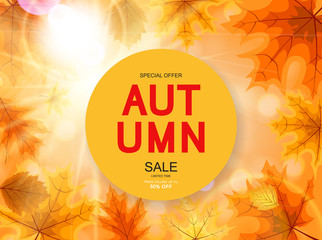Abstract Vector Illustration Autumn Sale Background with Falling Autumn Leaves