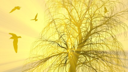 Lonely tree without leaves in fog or mist lit by bright orange sun god rays and flying seagulls birds. 3d illustration. Travel and camping concept