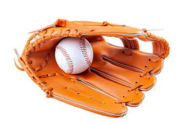 America s pastime, sporting equipment and american sports concept with a new generic baseball glove and holding a ball isolated on white background with a clip path cutout