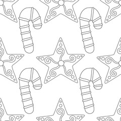 Gingerbread. Black and white illustration for coloring book or page. Christmas, holiday background.